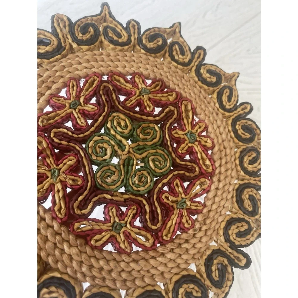 Vtg Colorful Straw Trivets Set of 4 Boho Kitchen Woven Raffia